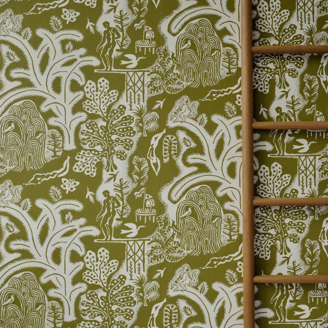 Green-white patterned wallpaper with wooden ladder