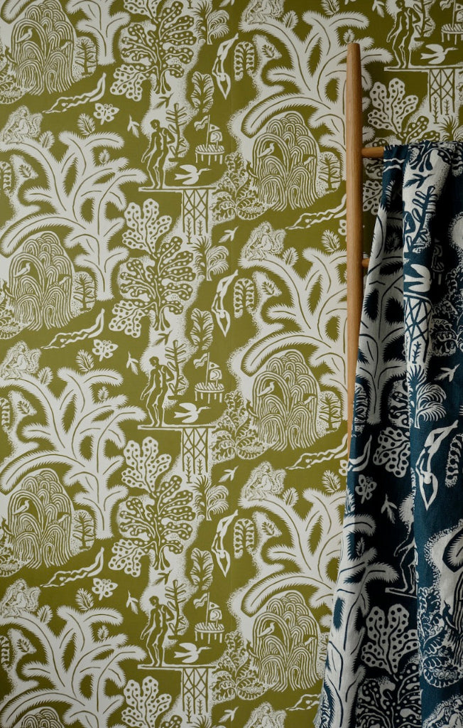 green white wallpaper with wooden ladder and dark blue fabric