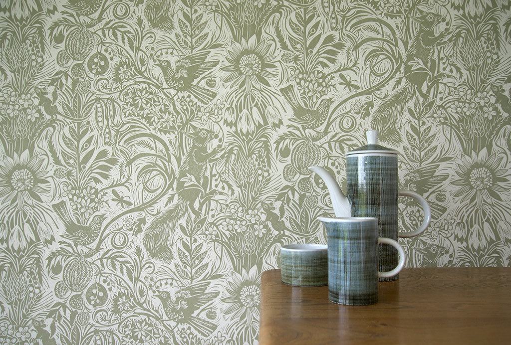 Squirrel and Sunflower wallpaper - Mark Hearld - St. Jude's Fabrics & Wallpapers