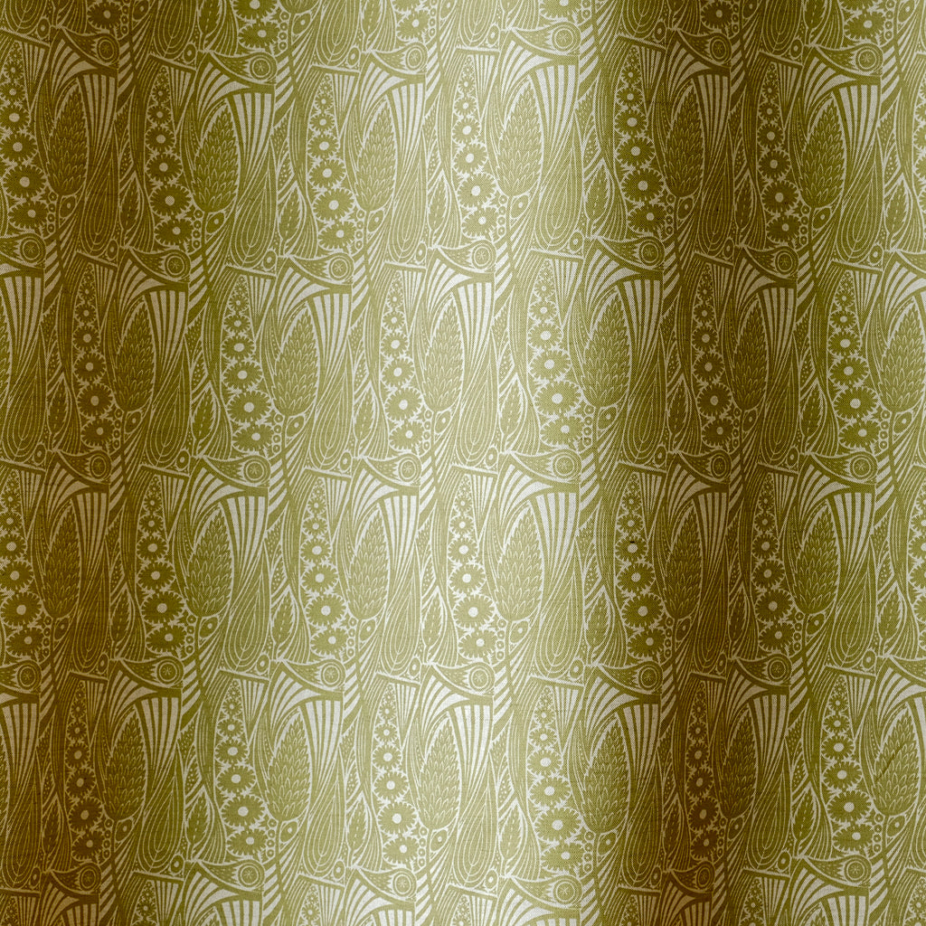 Meadow Grass olive green fabric showing repeating leaf and seed head patterns