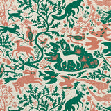 Patterned fabric with animal and plant designs in pink and green colours