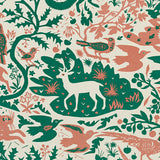 Patterned fabric with animal and plant designs in pink and green colours