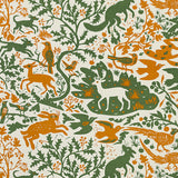 Patterned fabric with animal and plant designs in green and orange colours on ecru linen