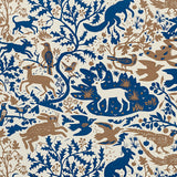Patterned fabric with animal and plant designs in brown and blue colours on ecru  linen