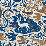 Patterned fabric with animal and plant designs in brown and blue colours on ecru  linen